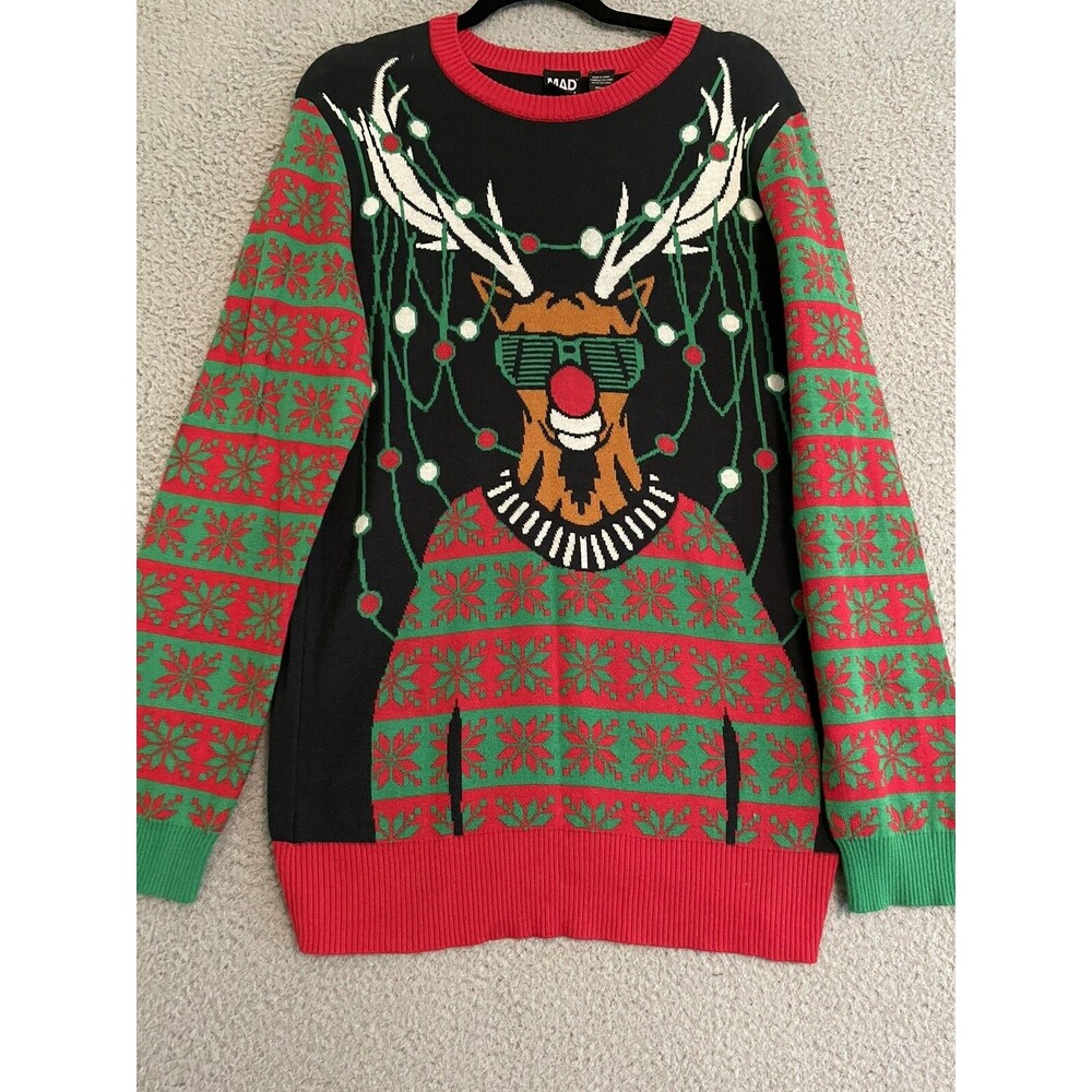 Mad Engine Men's Medium Ugly Christmas Sweater Reindeer Holiday Black Red Green